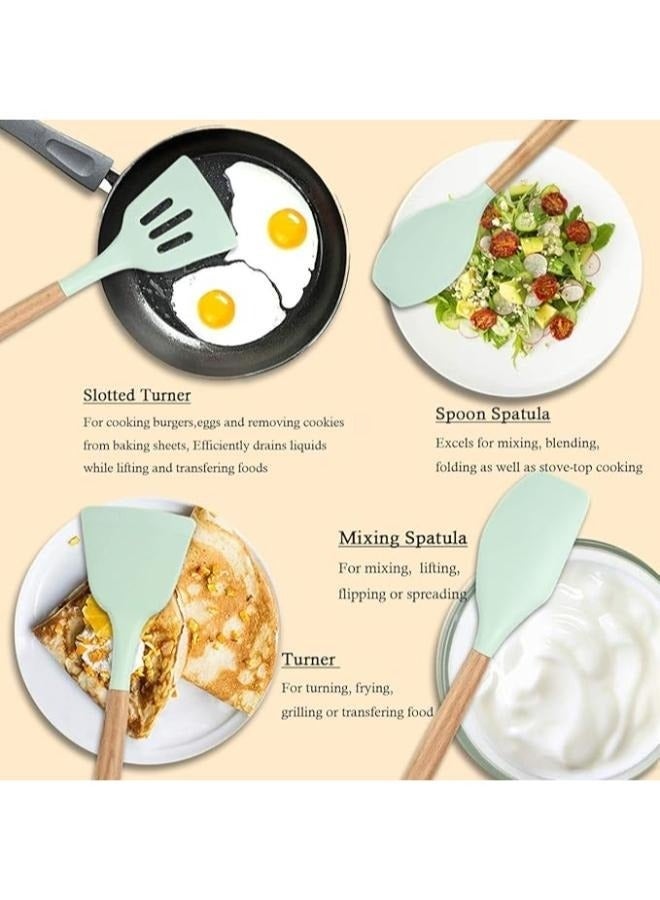 إلترازون 12-Piece Silicone Kitchen Utensil Set with Wooden Handles & Holder – Non-Stick Cooking Tools Including Spatula, Spoon, Turner, Tongs & More | Heat-Resistant, BPA-Free | Mint Green - Image 5