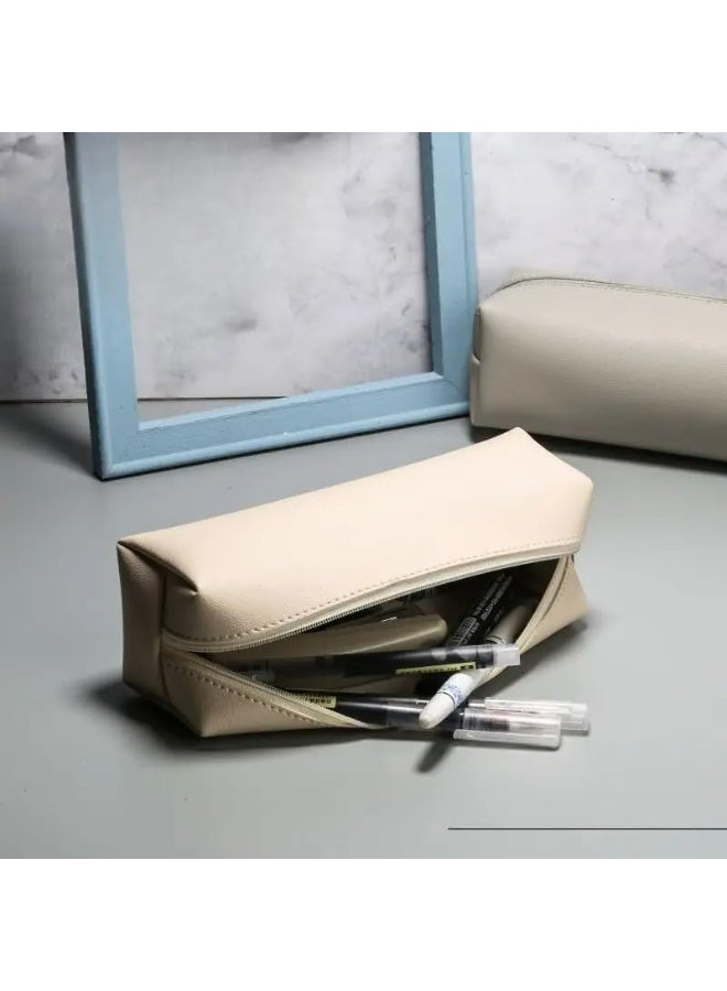 Kandid Large Capacity Leather Pencil Case, Simple Long Bag Design, Can Hold Up to 10 Writing Tools, Multi-Purpose Storage Bag  (CREAM) - Image 1