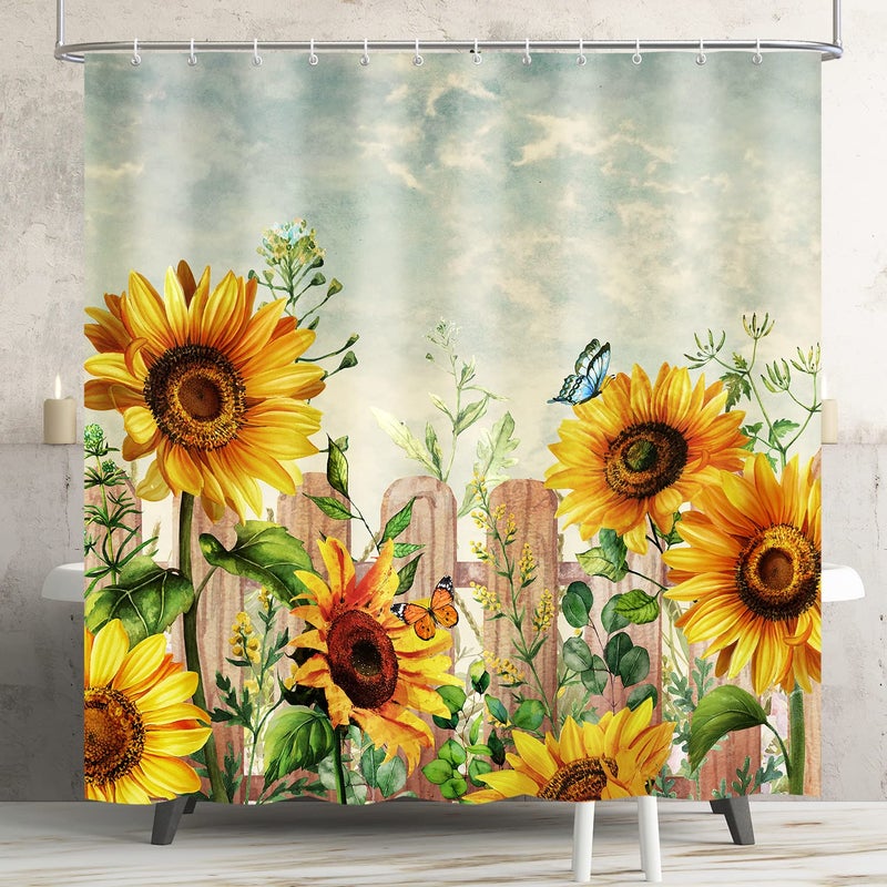 Lokigo Sunflower Rustic Farmhouse Shower Curtain Set Yellow Floral Waterproof QuickDry Fabric Sunflower Bathroom Curtain Decor with 12 Hooks 72x72