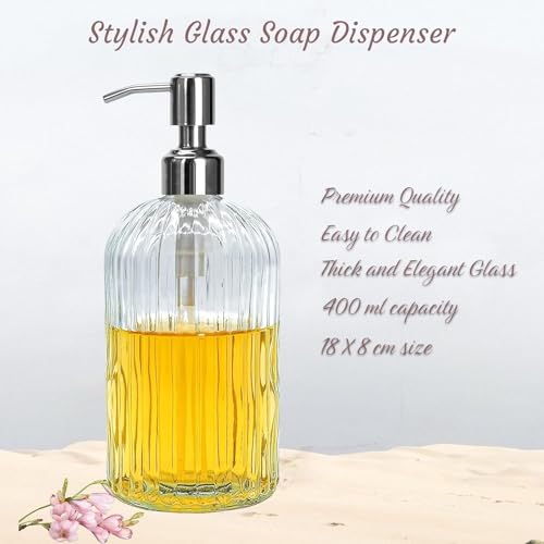 Luximal Pack of 3 Stripe Design Refillable Clear Glass Soap Dispenser Bottle with Rust Proof Premium Plastic Pump for Kitchen, Washroom, Bathroom, Basin, Liquid Lotion Soap Dispenser - 400 Ml - Image 3