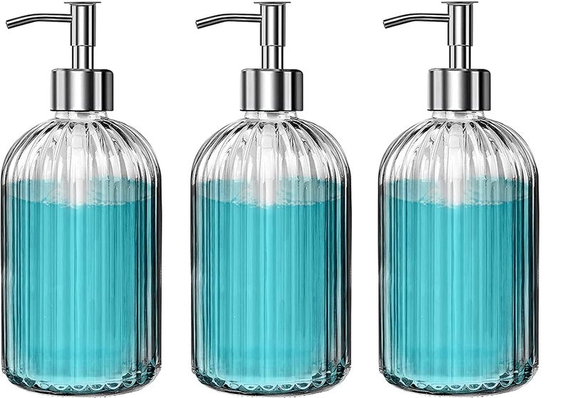 Luximal Pack of 3 Stripe Design Refillable Clear Glass Soap Dispenser Bottle with Rust Proof Premium Plastic Pump for Kitchen, Washroom, Bathroom, Basin, Liquid Lotion Soap Dispenser - 400 Ml - Image 1