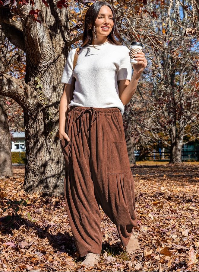 TARSE Womens Corduroy Pants Barrel Casual Loose Baggy Drawstring Wide Leg Palazzo Harem Pants with Pockets, Brown, XXL - Image 4