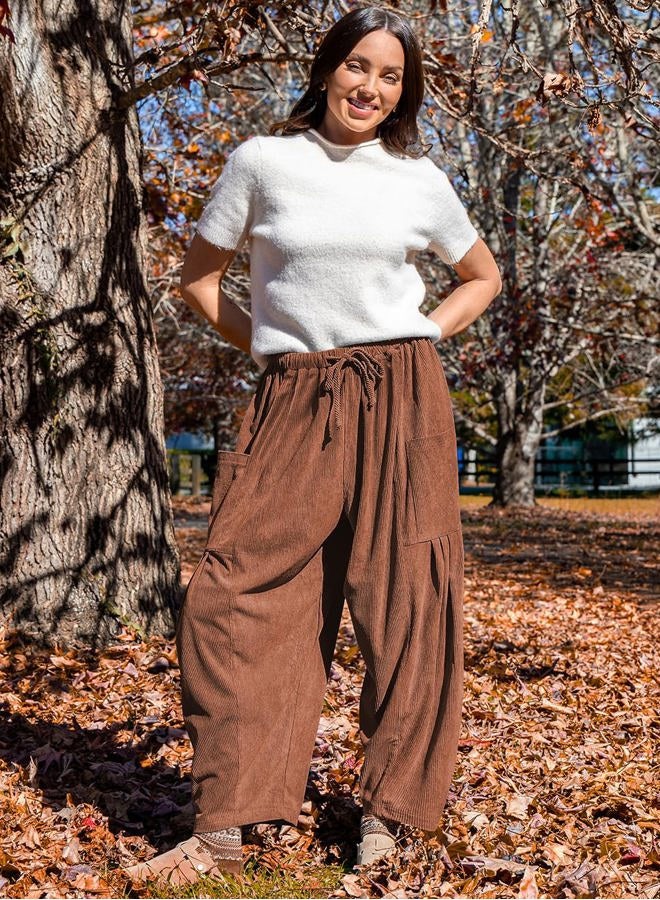 TARSE Womens Corduroy Pants Barrel Casual Loose Baggy Drawstring Wide Leg Palazzo Harem Pants with Pockets, Brown, XXL - Image 3
