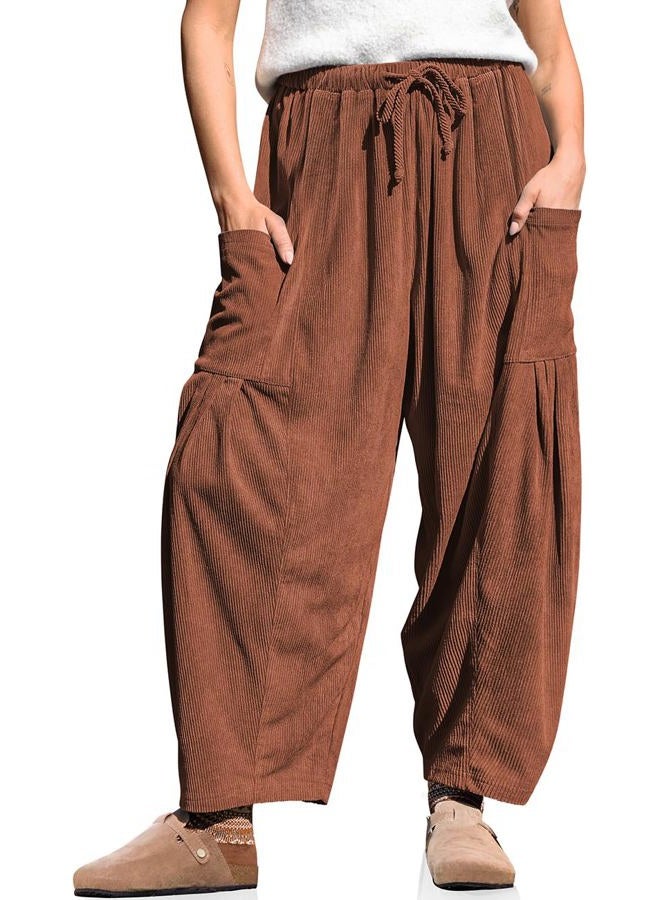 TARSE Womens Corduroy Pants Barrel Casual Loose Baggy Drawstring Wide Leg Palazzo Harem Pants with Pockets, Brown, XXL - Image 1
