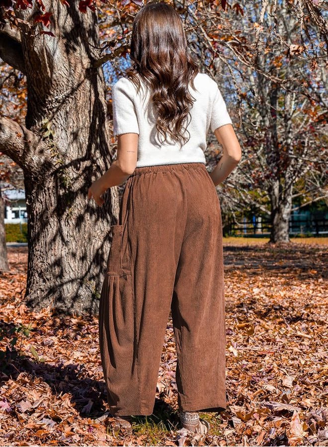 TARSE Womens Corduroy Pants Barrel Casual Loose Baggy Drawstring Wide Leg Palazzo Harem Pants with Pockets, Brown, XXL - Image 5