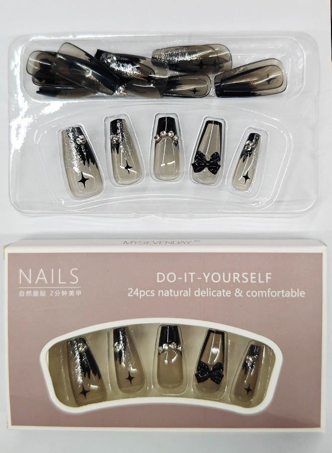 NIBEMINENT 24Pcs Fake Nails, Press Nails In Box,Long-length Flat head shaped Solid Black Color Shiny Nail Art,Bow knot Zircon Star,Fake Nail Patch - Image 2