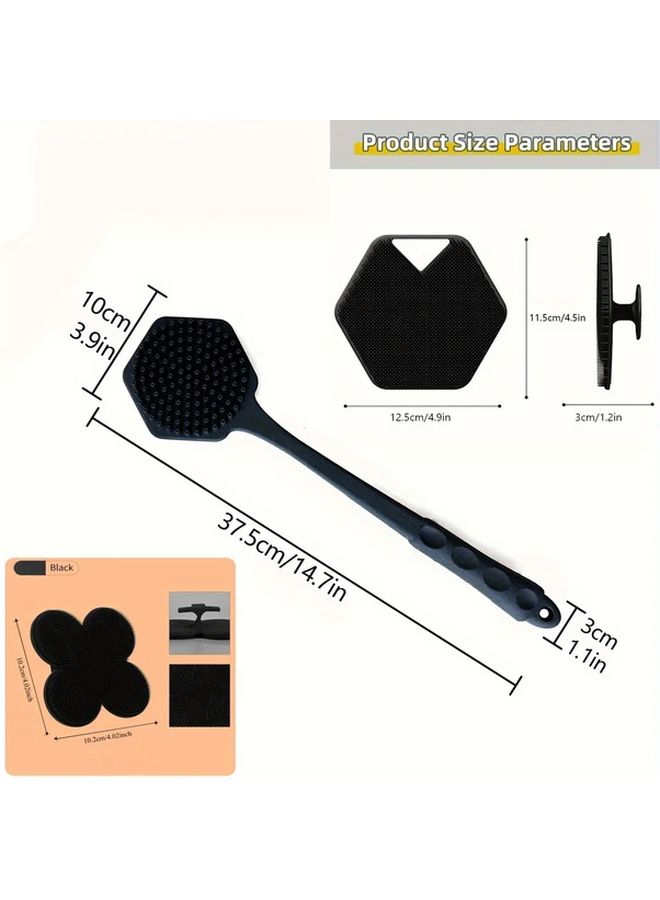 3pcs Ergonomic Bath Set Black Three Piece Suit Dual Sided Shower Brush Long Handle Back Scrubber Soft Non Slip Sponge Body Brush Suitable For Shower And Spa Massage - Image 3