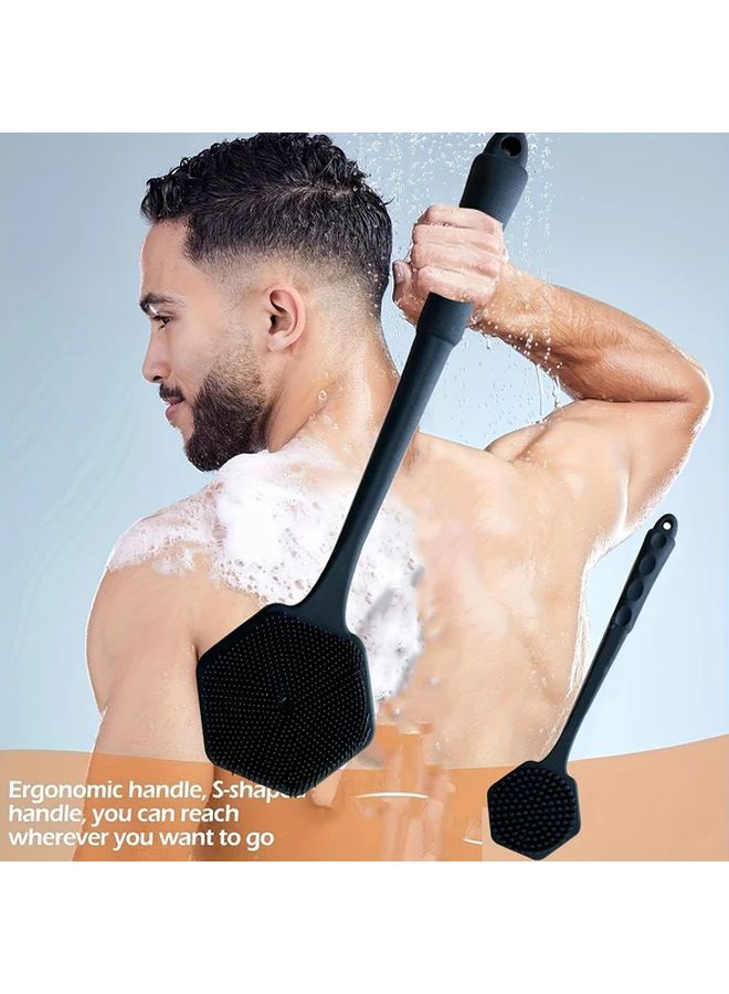 3pcs Ergonomic Bath Set Black Three Piece Suit Dual Sided Shower Brush Long Handle Back Scrubber Soft Non Slip Sponge Body Brush Suitable For Shower And Spa Massage - Image 1