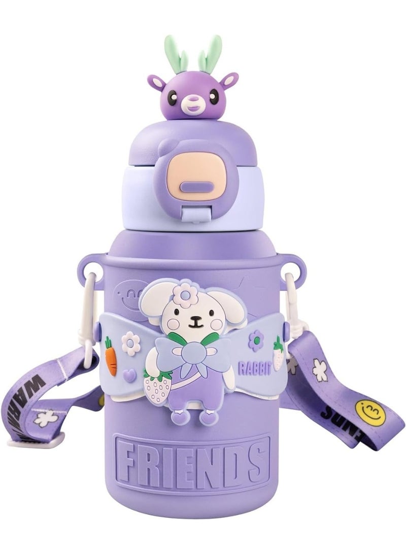 Twisoo 450ml Kids Stainless Steel Insulated Water Bottle – Cute Cartoon Thermos Flask, Leak-Proof Portable Vacuum Bottle for School, Travel & Outdoor. (Purple) - Image 1