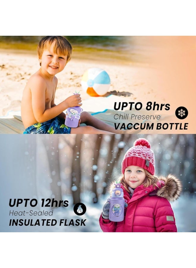 Twisoo 450ml Kids Stainless Steel Insulated Water Bottle – Cute Cartoon Thermos Flask, Leak-Proof Portable Vacuum Bottle for School, Travel & Outdoor. (Purple) - Image 2