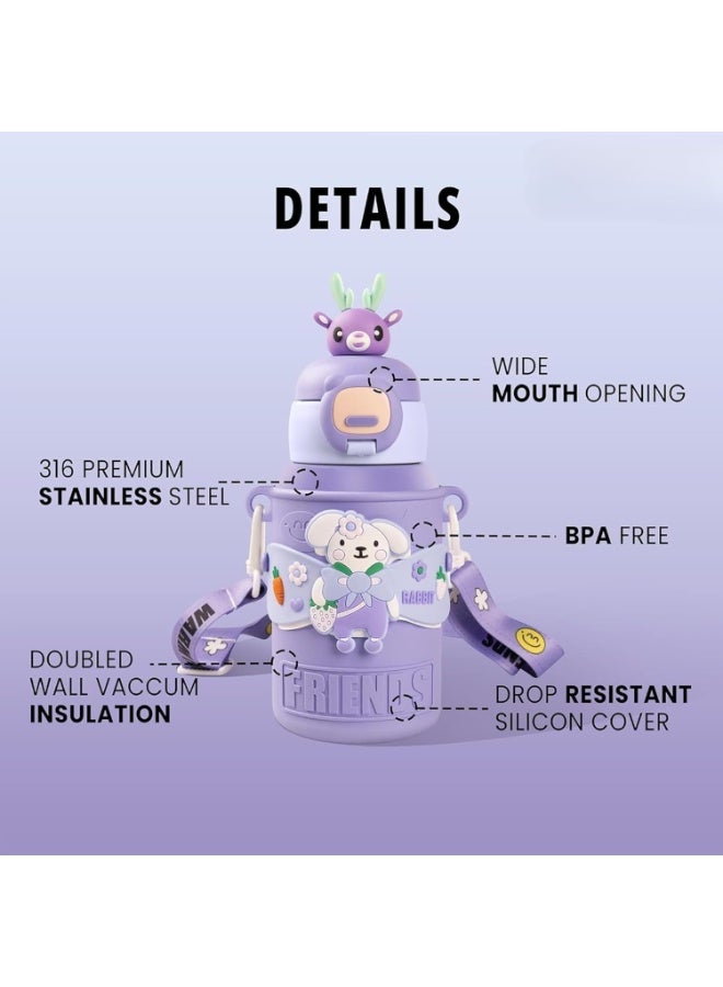 Twisoo 450ml Kids Stainless Steel Insulated Water Bottle – Cute Cartoon Thermos Flask, Leak-Proof Portable Vacuum Bottle for School, Travel & Outdoor. (Purple) - Image 4