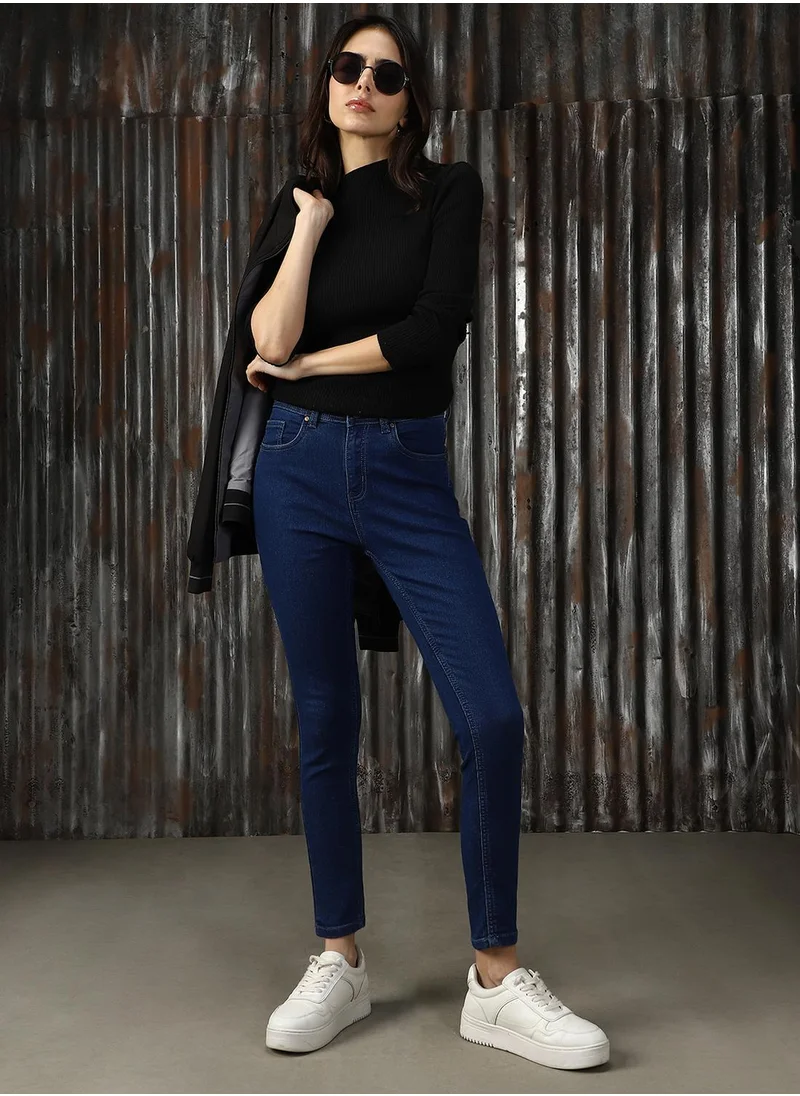 HIGH STAR Women's Blue Cotton Blend Solid Jeans