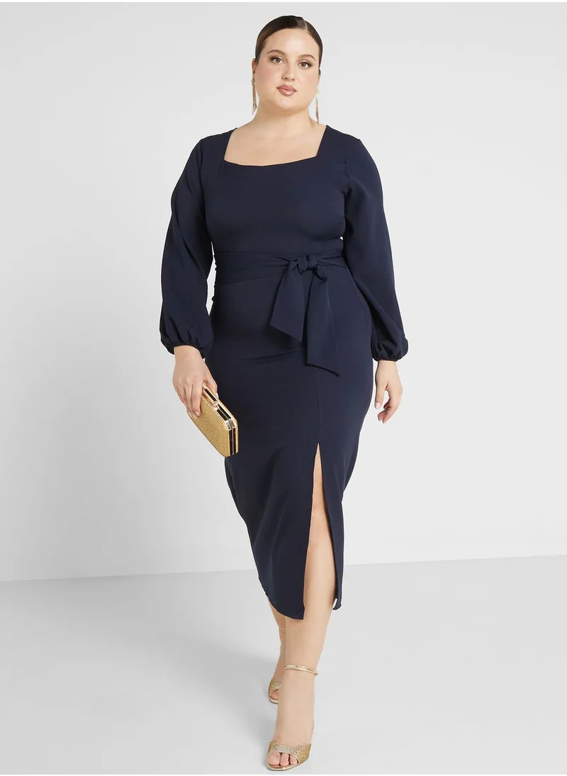 ايلا ليمتد كيرف Belted Cuff Sleeve Side Slit Dress