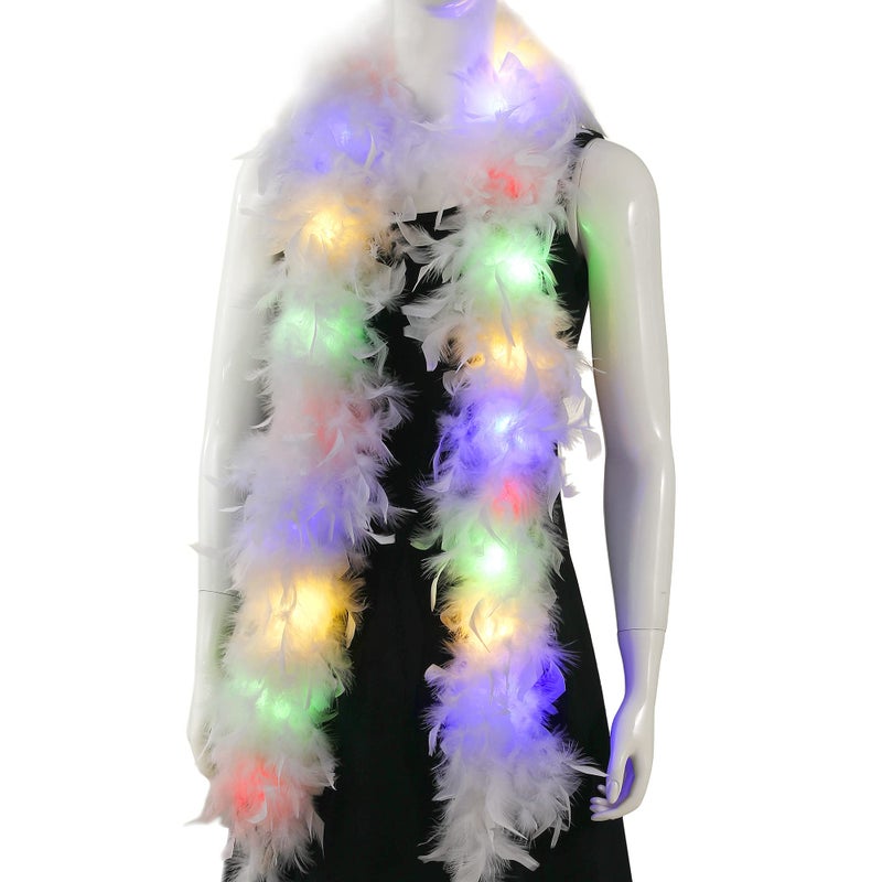Larryhot Chandelle White Feather Boa  2Yards 75g Colorful 20 LED Lights Boas for PartyWeddingHalloween CostumeChristmas Tree and Home Decoration White