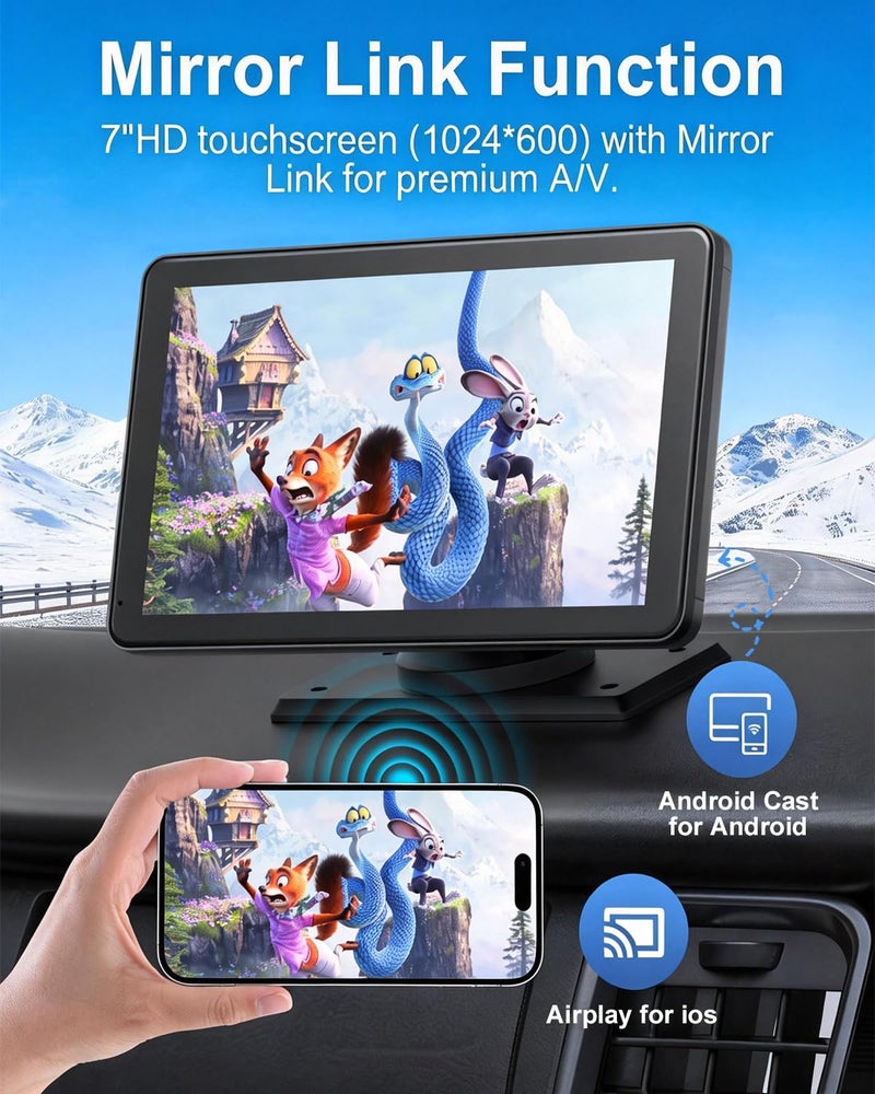 25HOURS Carplay Screen for Car, Upgrade 7" HD Wireless Apple Carplay & Android Auto Touchscreen- Car Play Screen Stereo with Backup Camera, Mirror Link/Voice Control/Music Play/GPS Navigation -for All Vehicle - Image 5