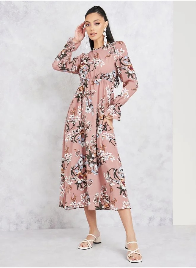 Styli Floral Print A-Line Midi Dress