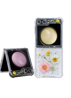 Compatible with Samsung Galaxy Z Flip 5 5G Case, Daisy Flower Clear with Design, ransparent Dried Real Pressed Flower Aesthetic Case, Cute Case for Galaxy Z Flip 5 Soft Silicone