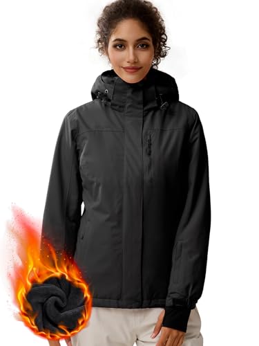 FREE SOLDIER Womens Waterproof Ski Snow Jacket Fleece Lined Warm Winter Rain Jacket with Hood Fully Taped SeamsBlackXL