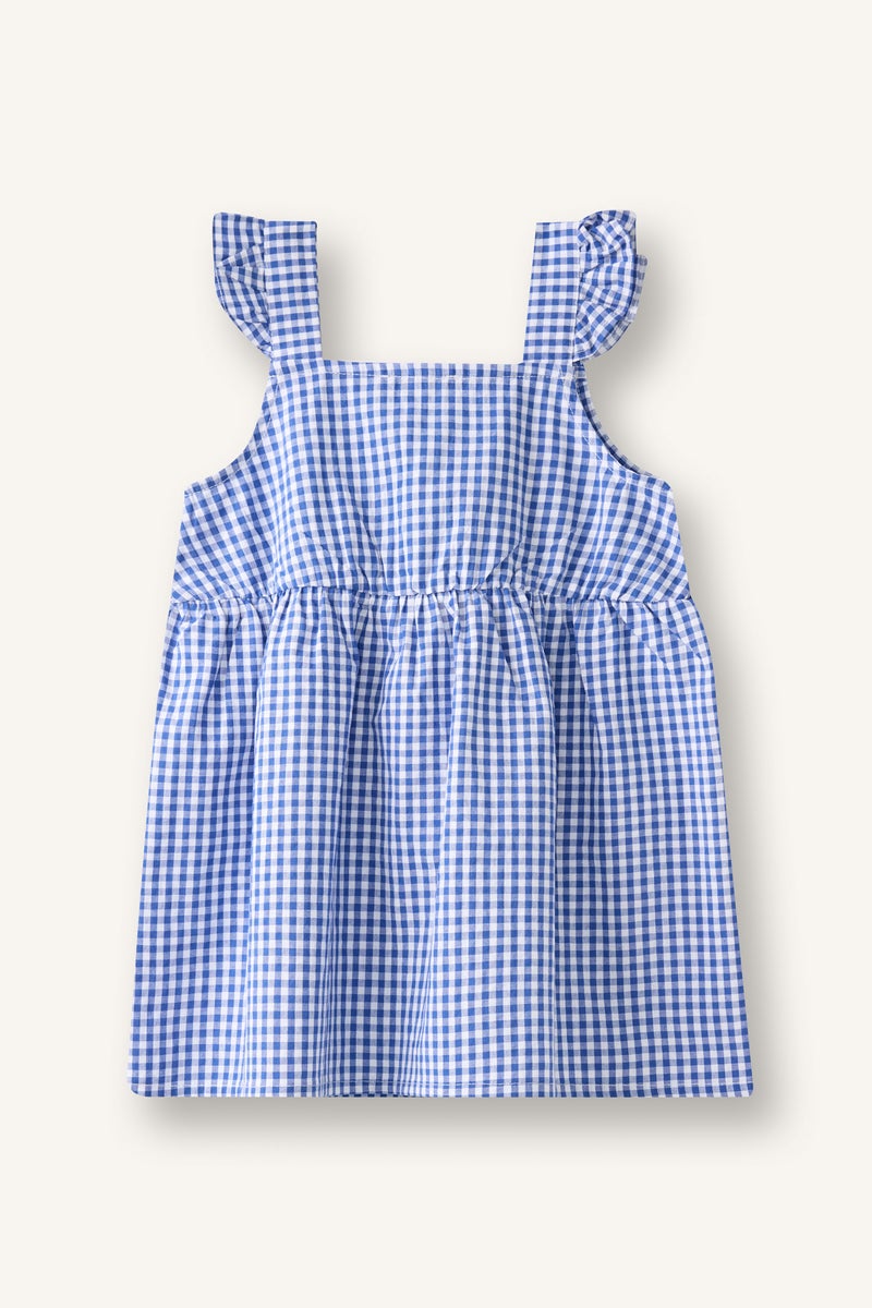 DeFacto Blue BabyGirl Baby Girl Gingham Strappy Waffle Textured Sax Blue Dress Casual - Image 3