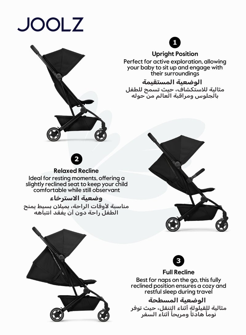 JOOLZ AER+ Lightweight Compact Travel Stroller – One-Hand Quick Fold, XXL Sun Hood, Adjustable Recline, Ultra Durable, Comfortable & Travel-Friendly – Supports Up to 50 lbs – Space Black - Image 4