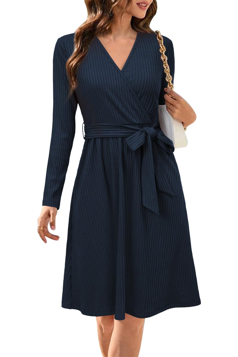 Newshows Fall Dresses for Women 2025 Knit Midi Sweater Dress Long Sleeve Navy Blue Work Casual Teacher Winter Fashion Pockets(Navy Blue,M) - Image 1