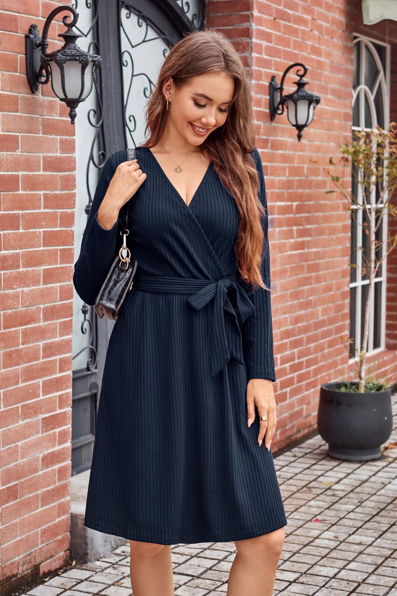 Newshows Fall Dresses for Women 2025 Knit Midi Sweater Dress Long Sleeve Navy Blue Work Casual Teacher Winter Fashion Pockets(Navy Blue,M) - Image 3