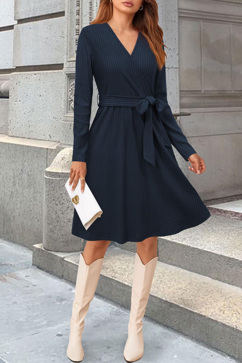Newshows Fall Dresses for Women 2025 Knit Midi Sweater Dress Long Sleeve Navy Blue Work Casual Teacher Winter Fashion Pockets(Navy Blue,M) - Image 4