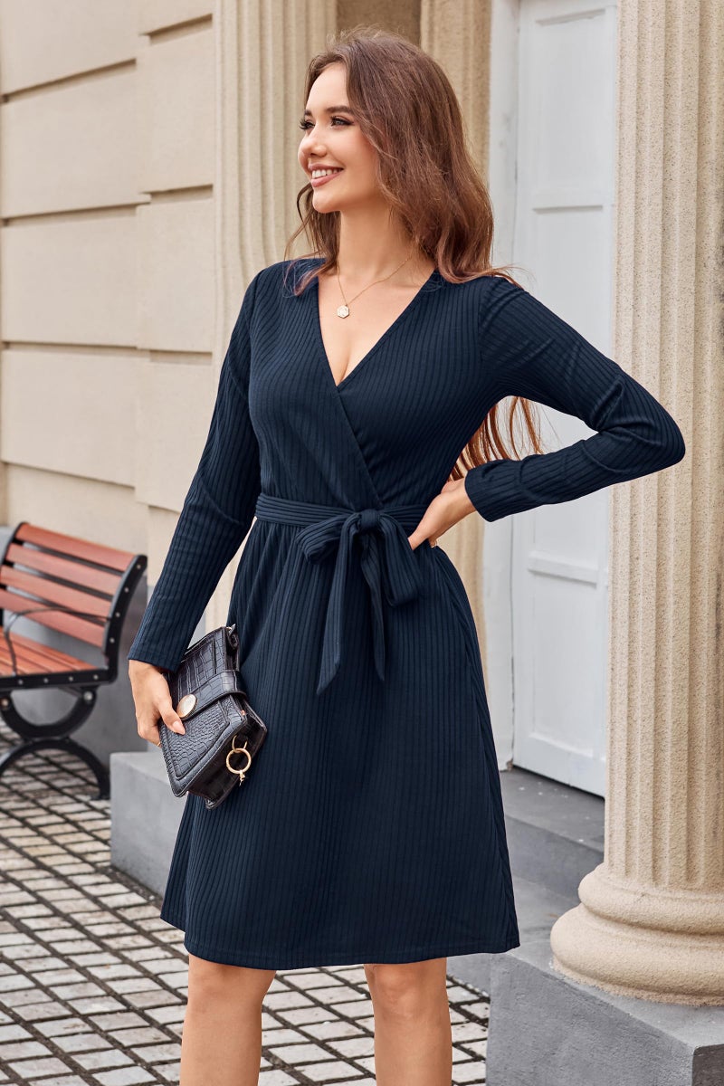 Newshows Fall Dresses for Women 2025 Knit Midi Sweater Dress Long Sleeve Navy Blue Work Casual Teacher Winter Fashion Pockets(Navy Blue,M) - Image 2