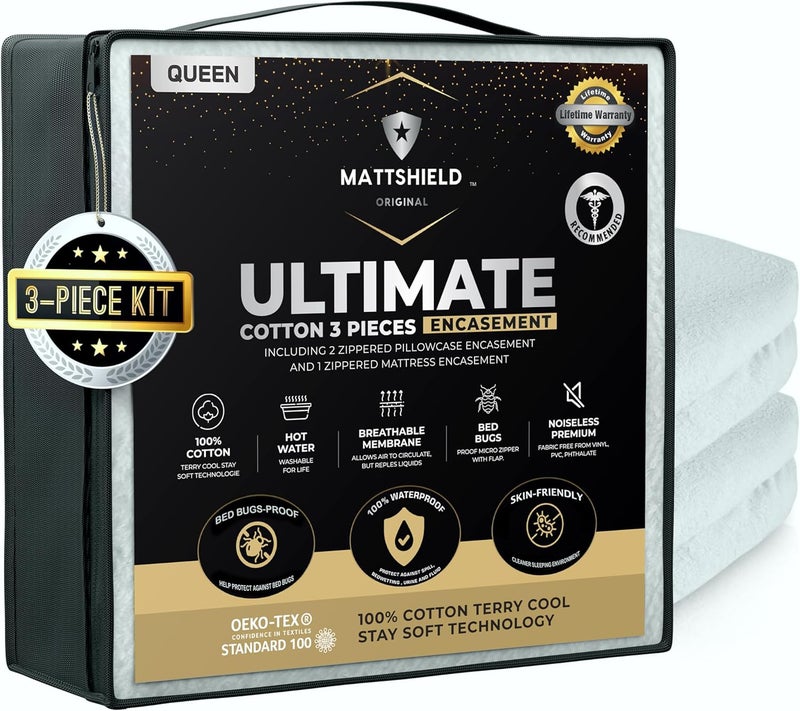 MATTSHIELD ORIGINAL New Ultimate 3-Piece Kit - Bed Bug-Proof Mattress Cover Queen Size 100% Cotton Top + 2 Pillow Protectors with Zipper - 6 Sided Waterproof Encasement, Best Bedbug Defense - Image 1