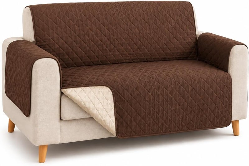 Reversible Sofa Cover for 2 Seater Loveseat, Washable Polyester Furniture Protector for Pet Hair, Crumbs and Everyday Wear, Living Room Couch Slipcover, Brown, SB-279 - Image 1