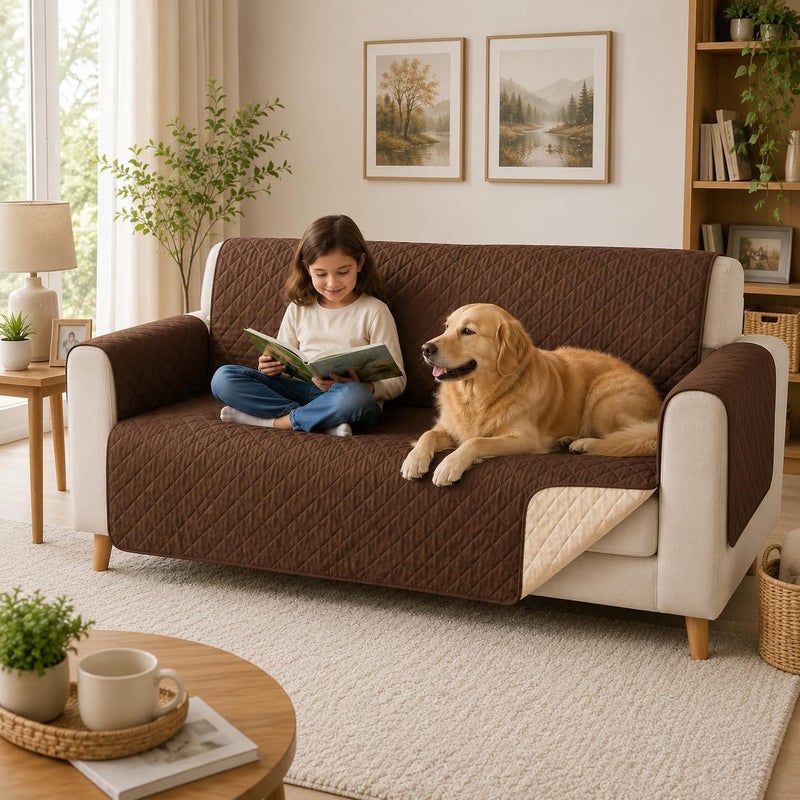 Reversible Sofa Cover for 2 Seater Loveseat, Washable Polyester Furniture Protector for Pet Hair, Crumbs and Everyday Wear, Living Room Couch Slipcover, Brown, SB-279 - Image 2