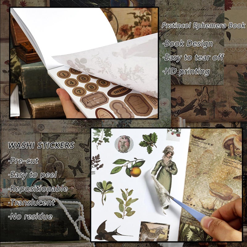 Prstincol Vintage Aesthetic Washi Stickers and Papers for Scrapbooking,40 Sheets Ephemera Book for Art Journaling with Celestial and Ocean Theme Stickers and Decoupage Papers for Junk Journal - Image 2
