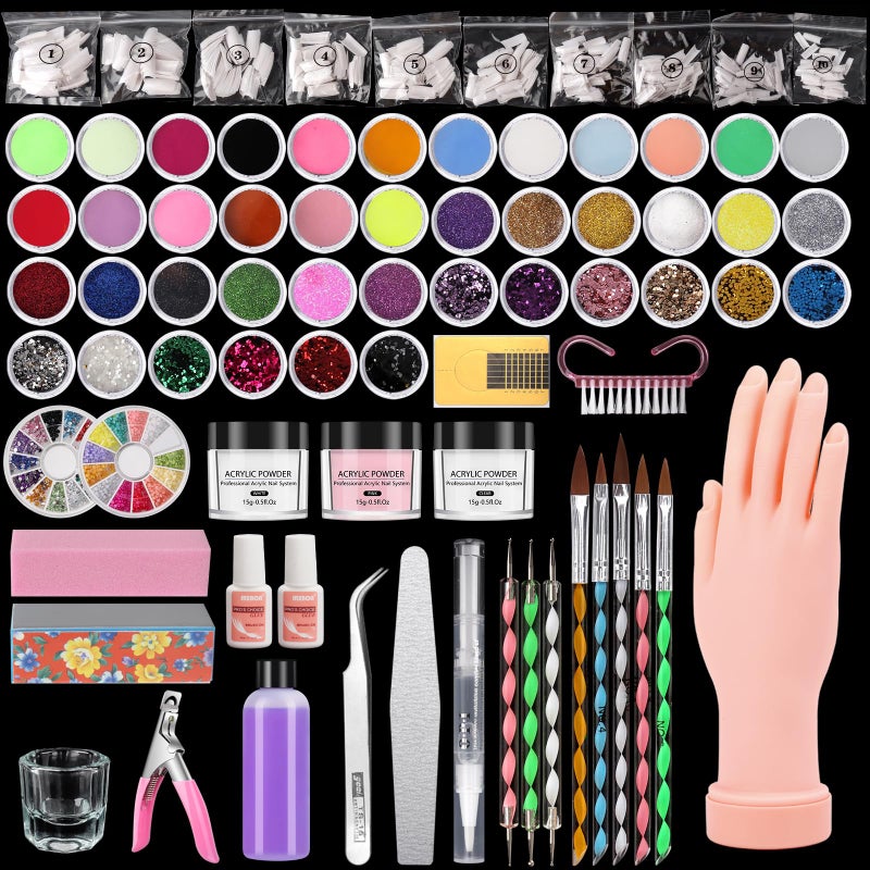 Practice Hand for Acrylic Nails Fake Maniquin Training Hand for Nail Practice 42 Colors Acrylic Powder Beginners Kit