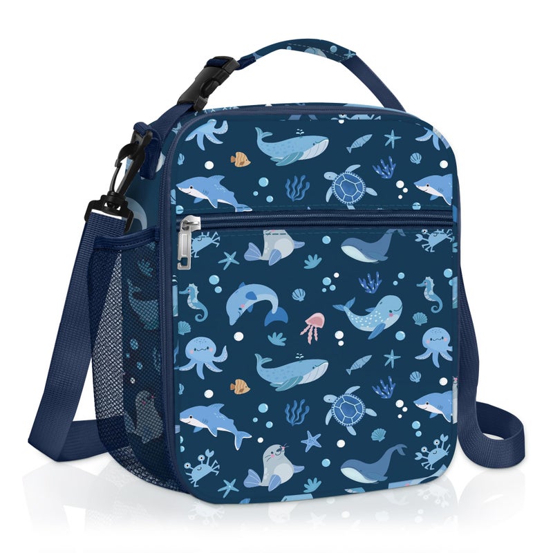 Clastyle Blue Sea Animals Insulated Lunch Bag for Kids, Portable Large Thermal Cooler Lunch Bag for Boys, School Lunch Box Bag with Bottle Holder - Image 1