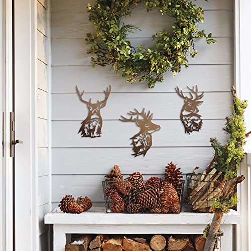 J-Fly Deer Metal Wall Art 9 Inch Deer Silhouette Wall Decor Rustic Forest Hunting Sign Woodland Valentine Decor for Fence Patio Porch Farmhouse Indoor for Living Room Bedroom Bathroom 3 Piece Set - Image 2