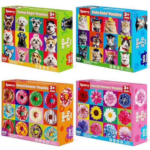 SYNARRY 100 Piece Puzzles for Kids Ages 46 68 Wooden 100 Piece Puzzle 4 5 6 7 8 Year Old Puzzles for Kids Ages 48 Cat Dog Flower Donut Jigsaw Puzzle Easter Gifts for 3 Years Old Boys Girls - Image 1