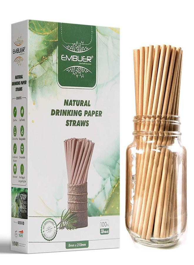 Embuer Kraft Paper Straws for Drinking Juice, Milkshake, Cold Coffee | Premium Extra Durable Paper Straws Unbleached, Eco-Friendly Straw for Kids, Parties, Restaurants - 8 X 210 mm (100N) - Pack of 1 - Image 1
