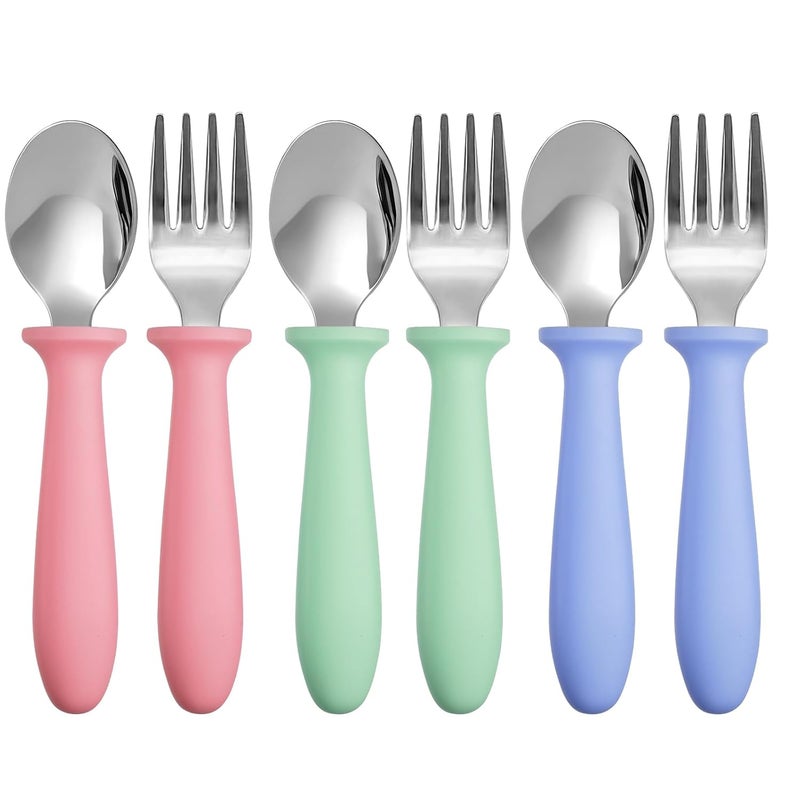 Pimoys 6 Pieces Toddler Utensils Forks and SpoonsKids Silverware Set with Plastic Handle Stainless Steel Toddler SilverwareDishwasher Safe - Image 1