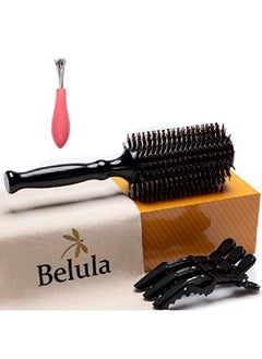 Boar Bristle Round Brush For Blow Drying Set. Round Hair Brush With Large 2.7” Wooden Barrel. Hairbrush Ideal To Add Volume And Body. Free 3 X Hair Clips & Travel Bag.