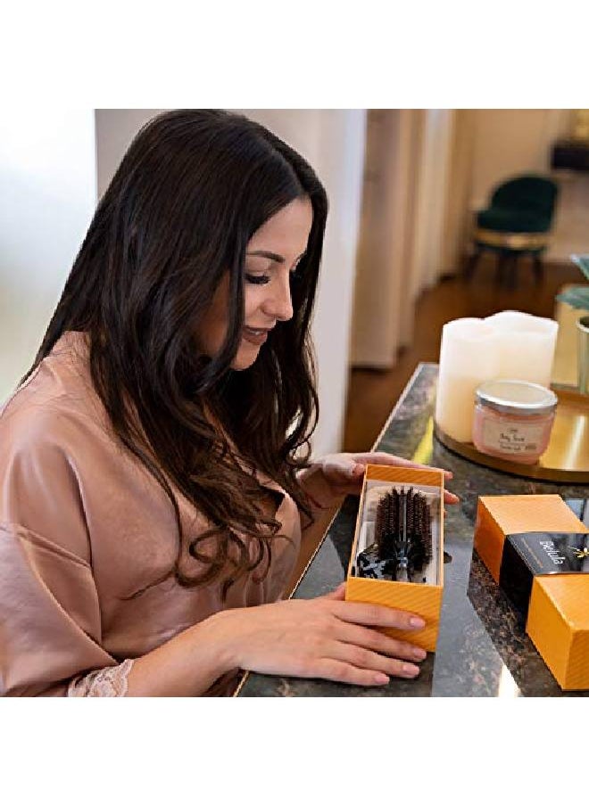 Belula - Boar Bristle Round Brush For Blow Drying Set. Round Hair Brush With Large 2.7” Wooden Barrel. Hairbrush Ideal To Add Volume And Body. Free 3 X Hair Clips & Travel Bag. - Image 1
