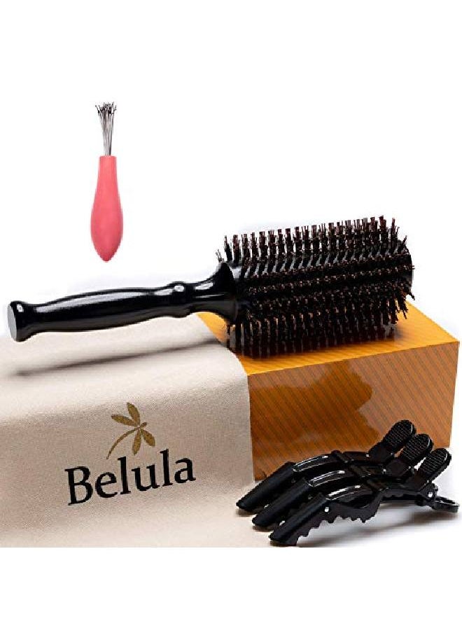 Belula - Boar Bristle Round Brush For Blow Drying Set. Round Hair Brush With Large 2.7” Wooden Barrel. Hairbrush Ideal To Add Volume And Body. Free 3 X Hair Clips & Travel Bag. - Image 1