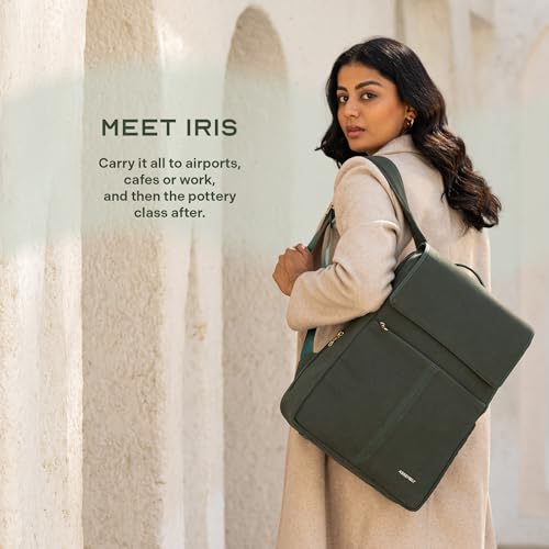 THE ASSEMBLY Assembly Iris Backpack for Women, Cotton Canvas with Leatherette, Felt-Lined 15.6" Laptop Sleeve, Hidden Pocket & Trolley Sleeve Green - Image 2
