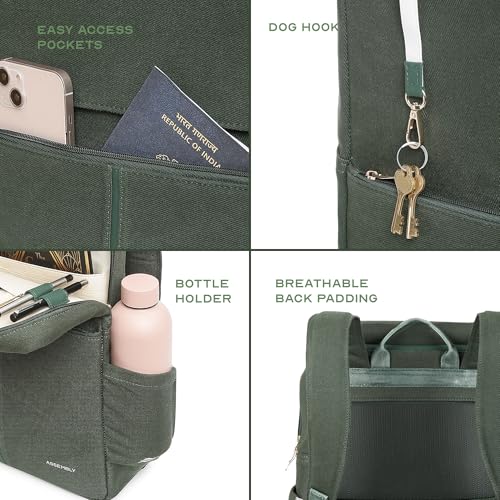 THE ASSEMBLY Assembly Iris Backpack for Women, Cotton Canvas with Leatherette, Felt-Lined 15.6" Laptop Sleeve, Hidden Pocket & Trolley Sleeve Green - Image 3