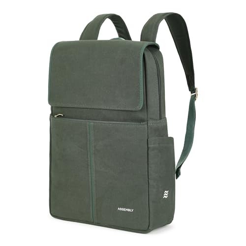 THE ASSEMBLY Assembly Iris Backpack for Women, Cotton Canvas with Leatherette, Felt-Lined 15.6" Laptop Sleeve, Hidden Pocket & Trolley Sleeve Green - Image 1