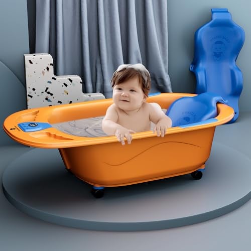 StarAndDaisy Baby Bath Tub for 0 to 5 Years/Bath Tub for Kids 0-3 Years/Infants Bathtub with Temperature Censor & Baby Bath Seat/Sling, Antislip Baby Bath Tub with Bath Chair (Orange-Blue) - Image 1