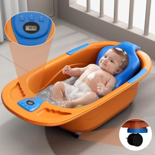 StarAndDaisy Baby Bath Tub for 0 to 5 Years/Bath Tub for Kids 0-3 Years/Infants Bathtub with Temperature Censor & Baby Bath Seat/Sling, Antislip Baby Bath Tub with Bath Chair (Orange-Blue) - Image 2