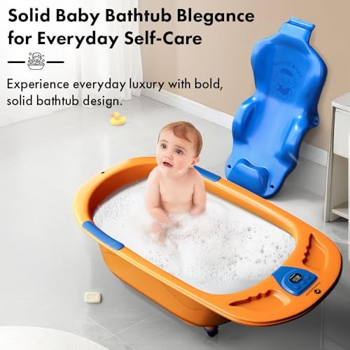 StarAndDaisy Baby Bath Tub for 0 to 5 Years/Bath Tub for Kids 0-3 Years/Infants Bathtub with Temperature Censor & Baby Bath Seat/Sling, Antislip Baby Bath Tub with Bath Chair (Orange-Blue) - Image 3