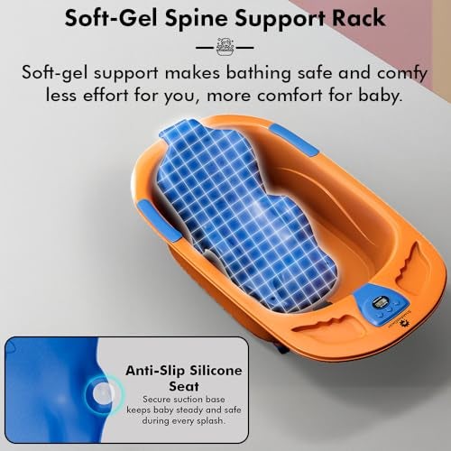 StarAndDaisy Baby Bath Tub for 0 to 5 Years/Bath Tub for Kids 0-3 Years/Infants Bathtub with Temperature Censor & Baby Bath Seat/Sling, Antislip Baby Bath Tub with Bath Chair (Orange-Blue) - Image 4