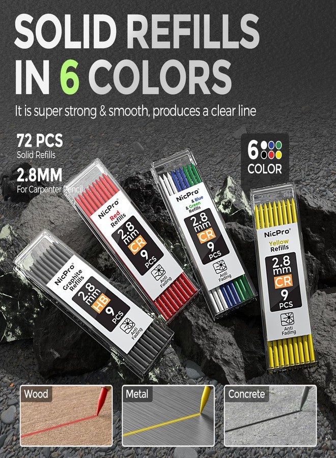 Nicpro 4 Pack CP3000 Carpenter Pencil with Sharpener, Mechanical Pencils Set with 76 Refills, Heavy Duty Construction Pencil, Carpenter Tools for Architect Marking (Red, Black, Yellow, Green) - Image 3