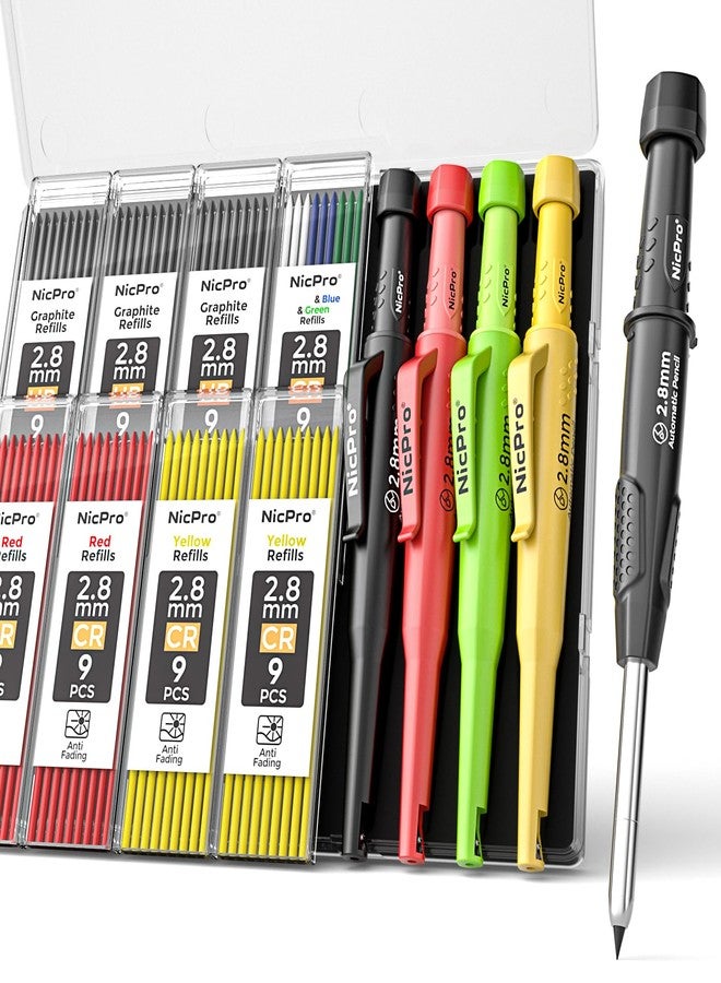 Nicpro 4 Pack CP3000 Carpenter Pencil with Sharpener, Mechanical Pencils Set with 76 Refills, Heavy Duty Construction Pencil, Carpenter Tools for Architect Marking (Red, Black, Yellow, Green) - Image 1